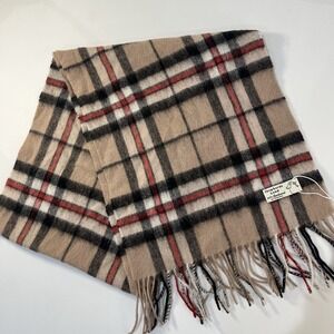 New Shepherd's Land 100% Lambswool Tartan Plaid Fringe Scarf Khaki Red Cozy Soft